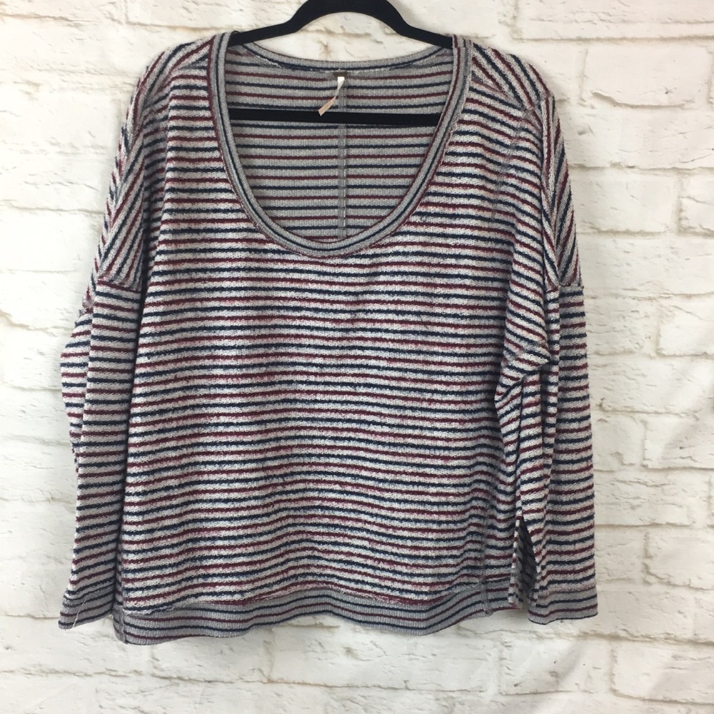 Free People Striped V-Neck Sweater - Red, Blue, White